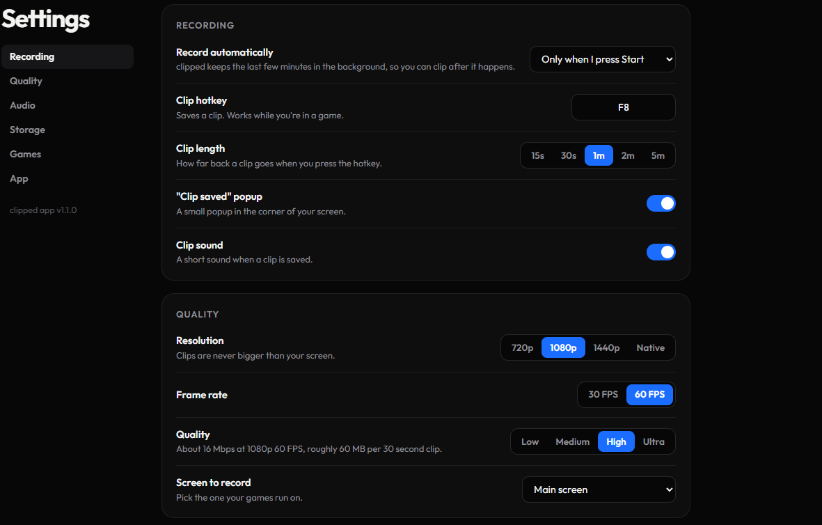 The clipped app's settings: record when you press Start, clip hotkey F8, 1 minute clips, 1080p at 60 FPS